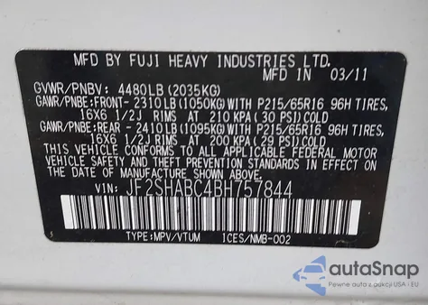 2011 Subaru Forester 2.5X from USA, damaged, VIN JF2SHABC4BH757844